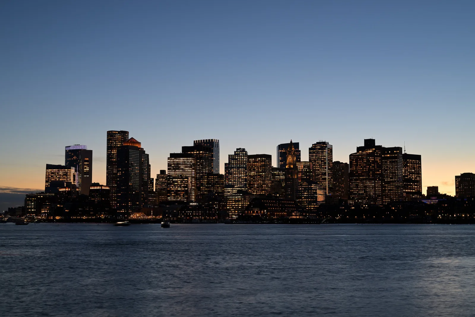 Boston skyline at dusk from Jeffries Point