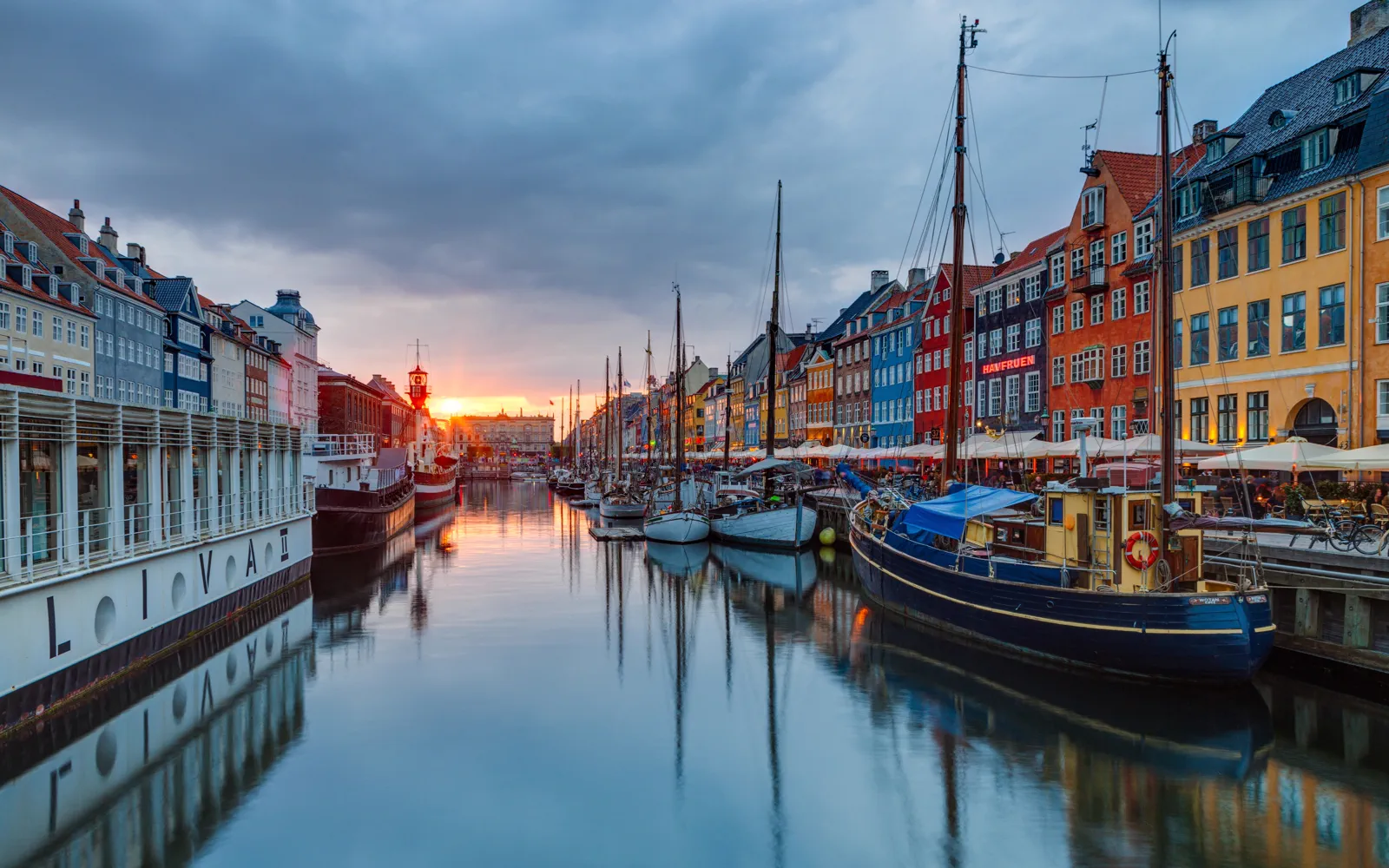 Copenhagen's Nyhavn harbour at sunset