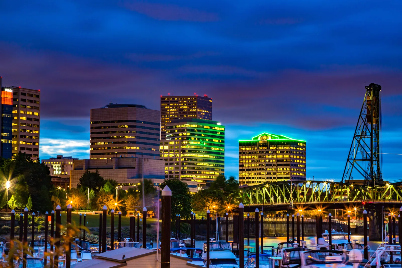 Portland's skyline glowing at sunset