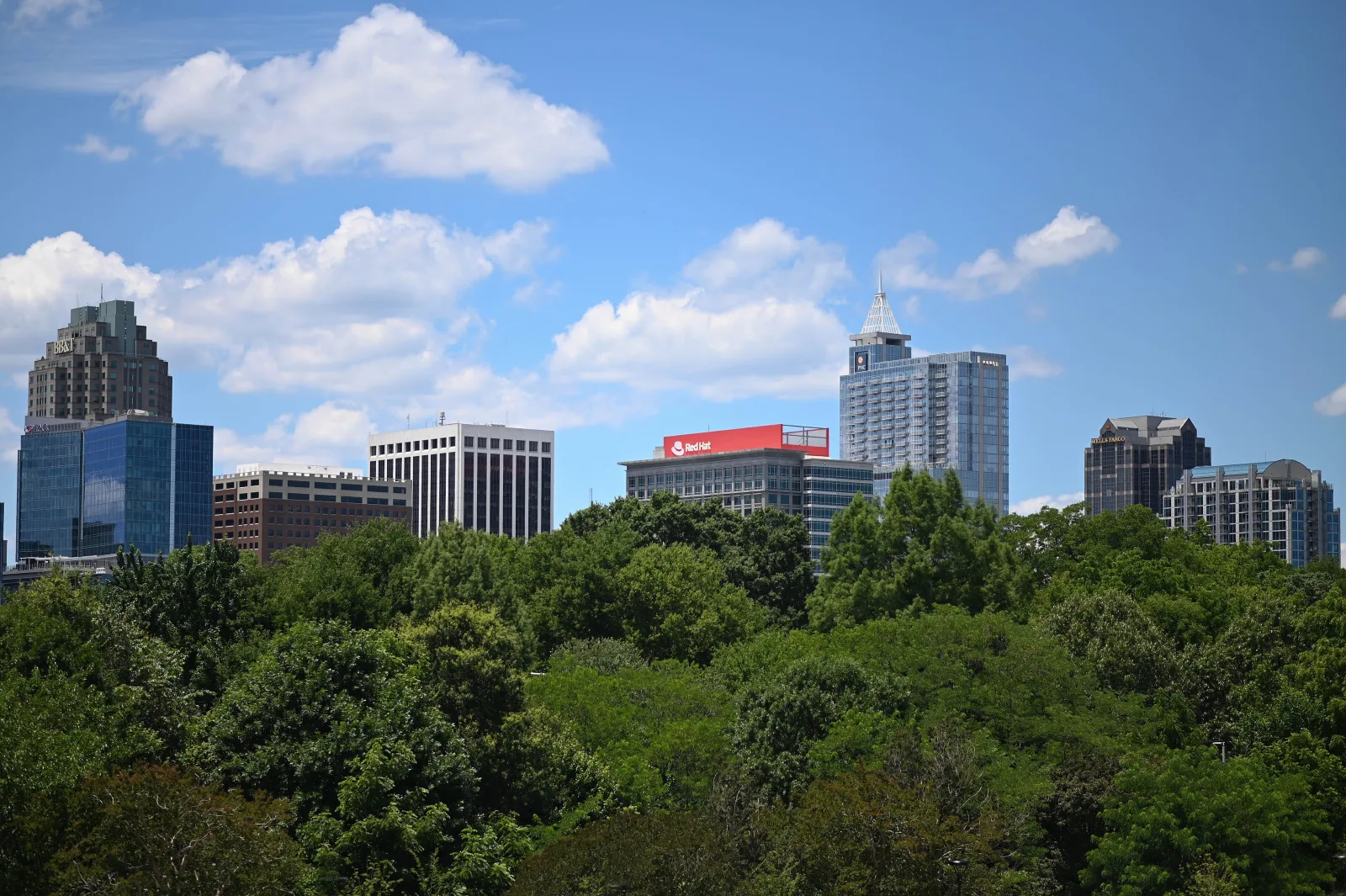 The Raleigh skyline beneath Carolina skies