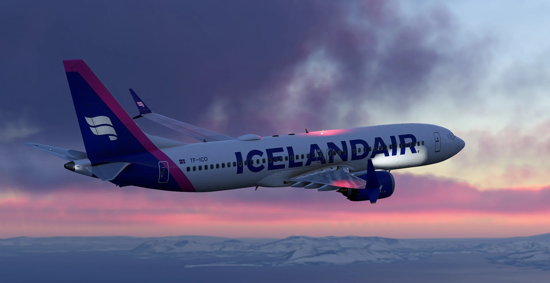 Icelandair Boeing 737 MAX 8 TF-ICO flying over Iceland at twilight