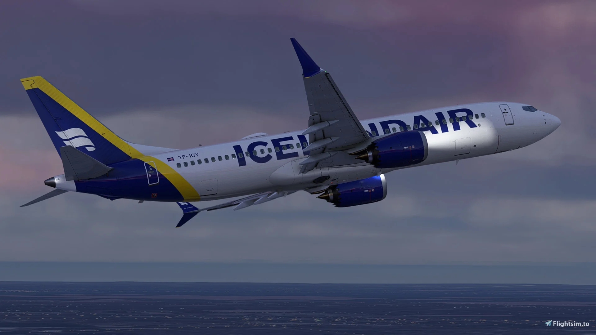 Icelandair Virtual Boeing 737 MAX flying at dusk